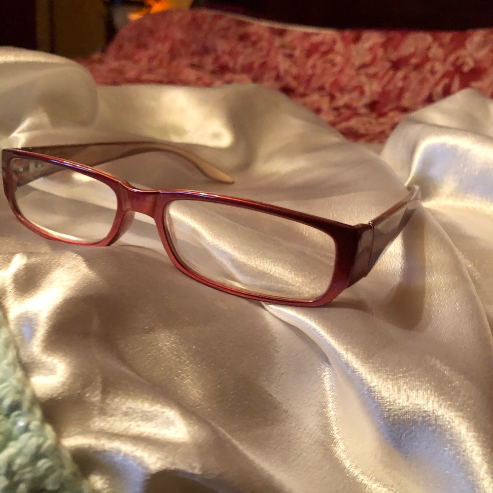 Reading eyeglasses, orange frame. 3+